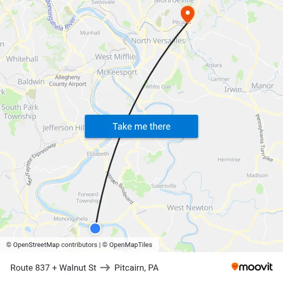 Route 837 + Walnut St to Pitcairn, PA map