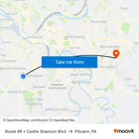 Route 88 + Castle Shannon Blvd to Pitcairn, PA map
