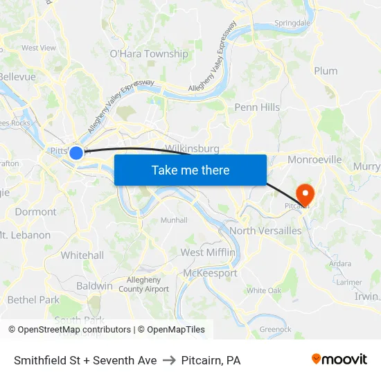 Smithfield St + Seventh Ave to Pitcairn, PA map