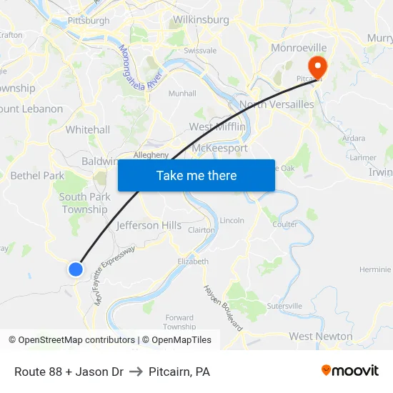 Route 88 + Jason Dr to Pitcairn, PA map