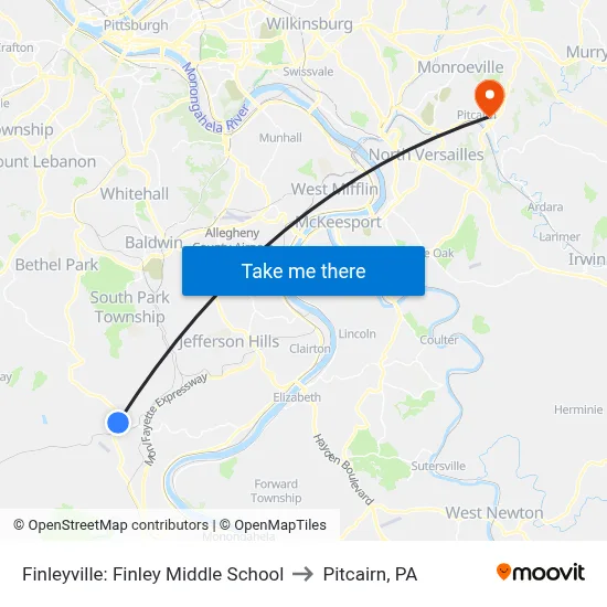 Finleyville: Finley Middle School to Pitcairn, PA map