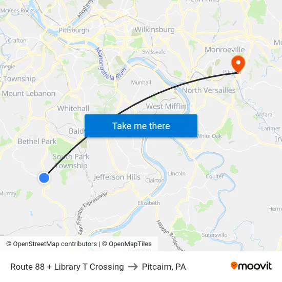 Route 88 + Library T Crossing to Pitcairn, PA map
