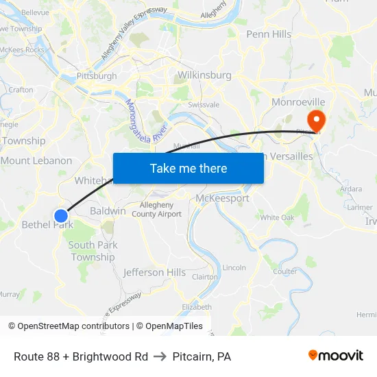 Route 88 + Brightwood Rd to Pitcairn, PA map