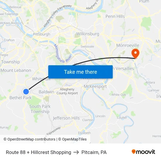 Route 88 + Hillcrest Shopping to Pitcairn, PA map