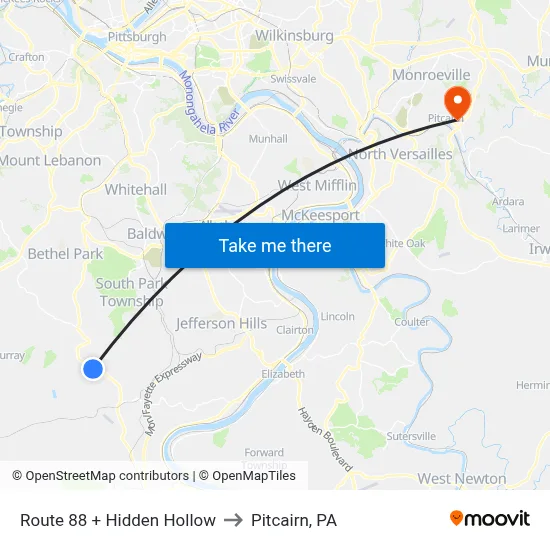 Route 88 + Hidden Hollow to Pitcairn, PA map