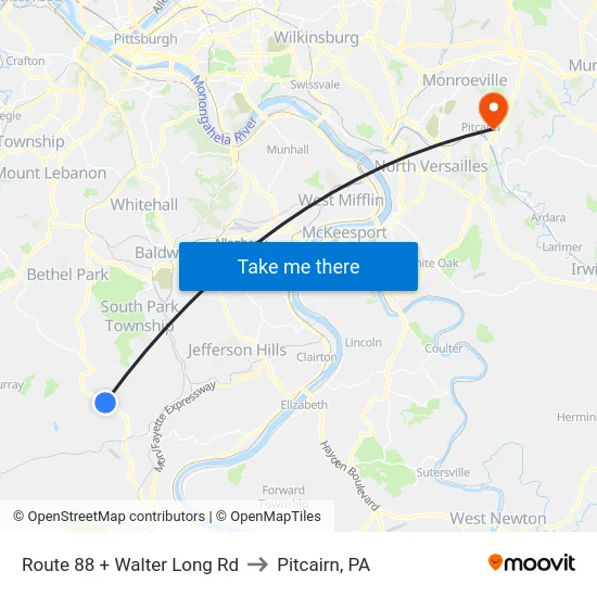 Route 88 + Walter Long Rd to Pitcairn, PA map