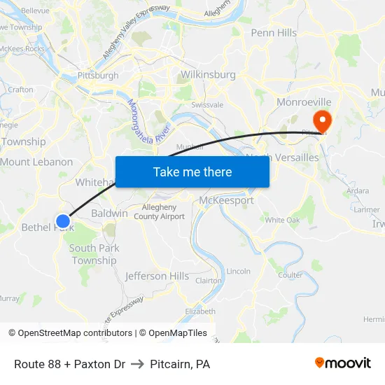Route 88 + Paxton Dr to Pitcairn, PA map