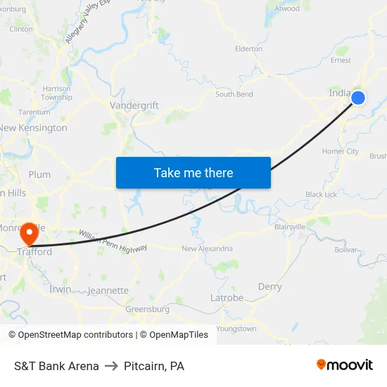 S&T Bank Arena to Pitcairn, PA map