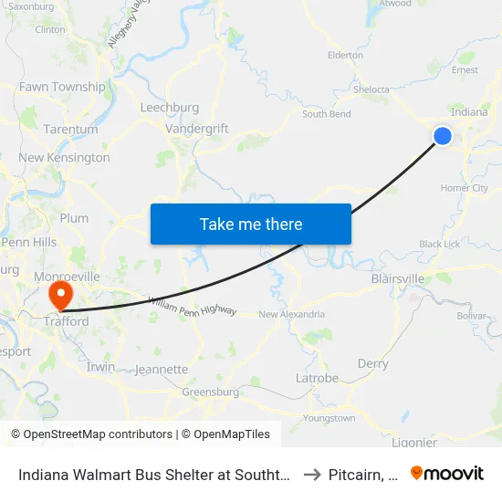 Indiana Walmart Bus Shelter at Southtown to Pitcairn, PA map