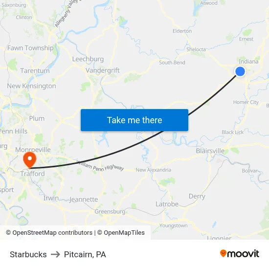 Starbucks to Pitcairn, PA map
