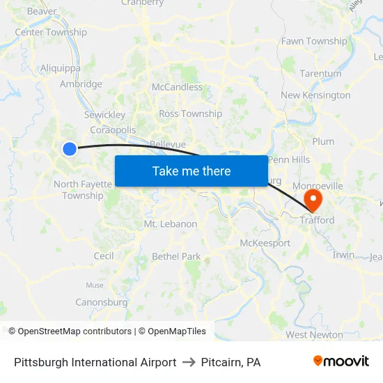 Pittsburgh International Airport to Pitcairn, PA map