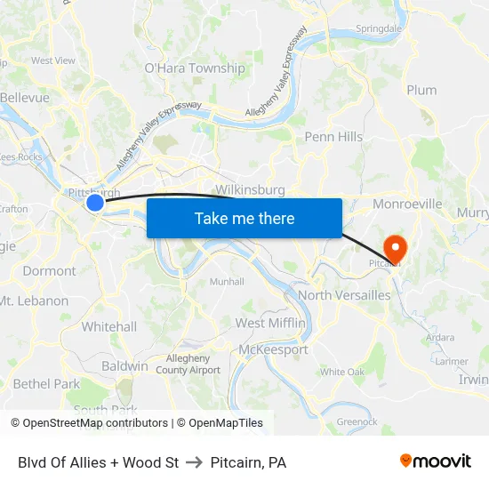 Blvd Of Allies + Wood St to Pitcairn, PA map