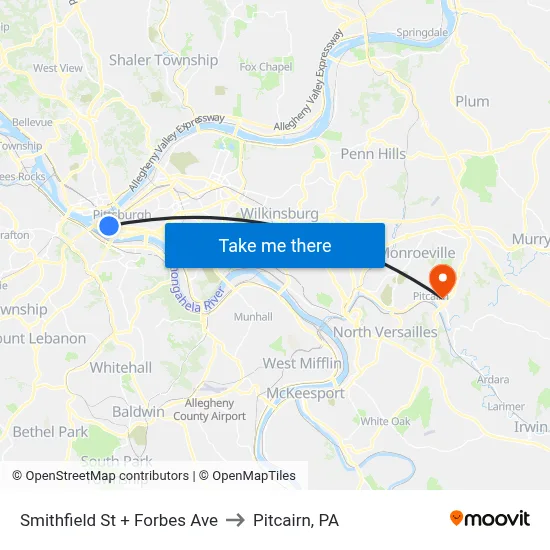Smithfield St + Forbes Ave to Pitcairn, PA map
