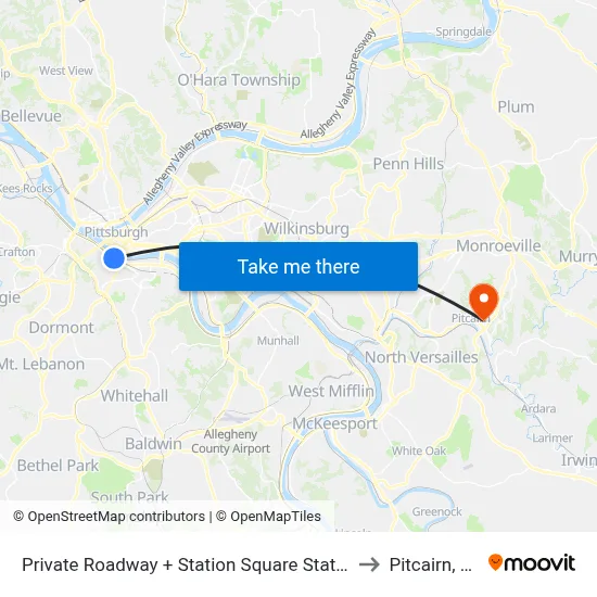 Private Roadway + Station Square Station to Pitcairn, PA map