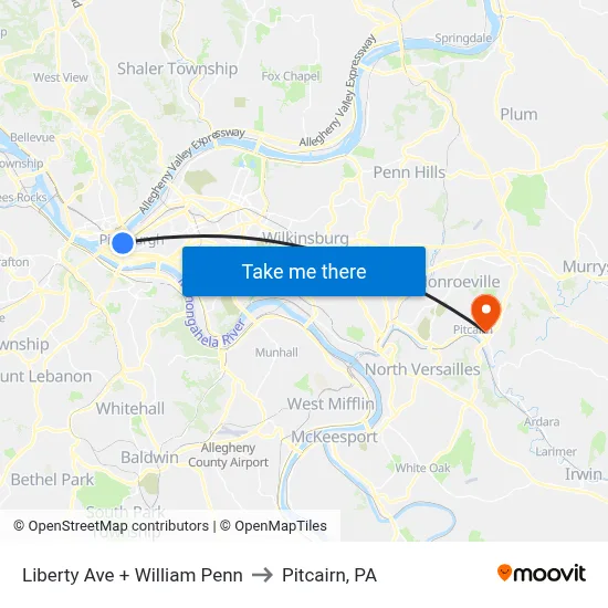 Liberty Ave + William Penn to Pitcairn, PA map