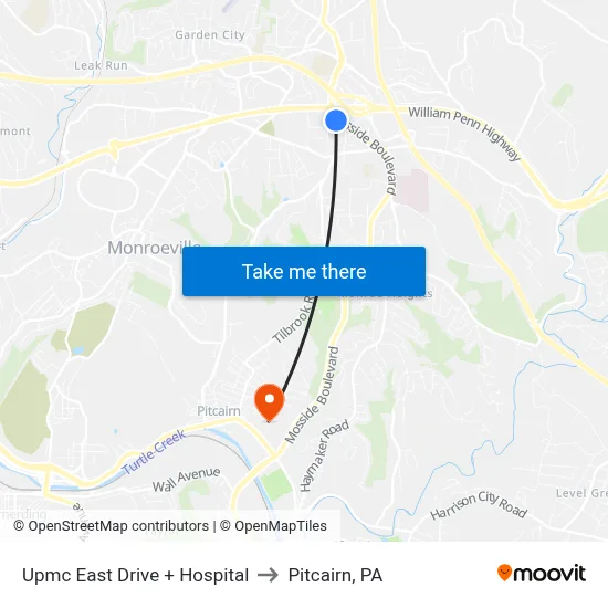 Upmc East Drive + Hospital to Pitcairn, PA map