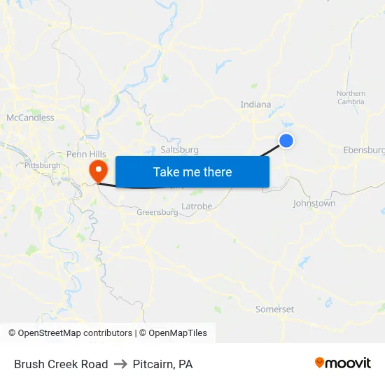 Brush Creek Road to Pitcairn, PA map