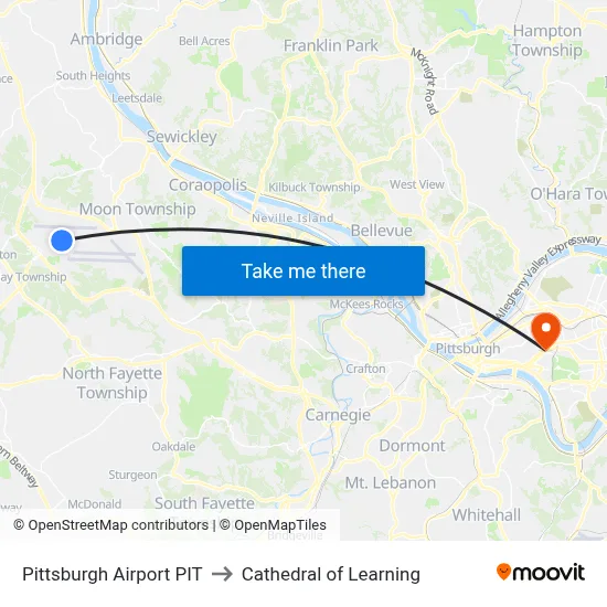 Pittsburgh Airport PIT to Cathedral of Learning map