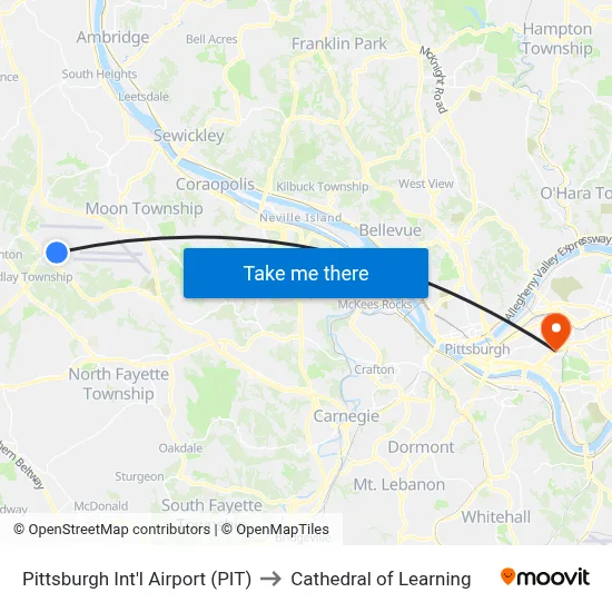Pittsburgh Int'l Airport (PIT) to Cathedral of Learning map