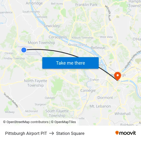 Pittsburgh Airport PIT to Station Square map