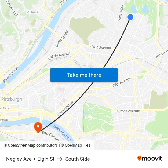 Negley Ave + Elgin St to South Side map