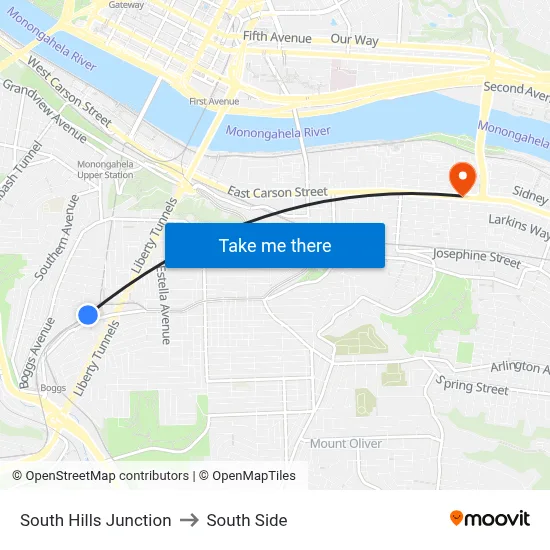 South Hills Junction to South Side map