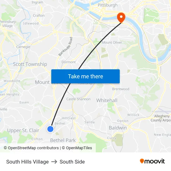 South Hills Village to South Side map