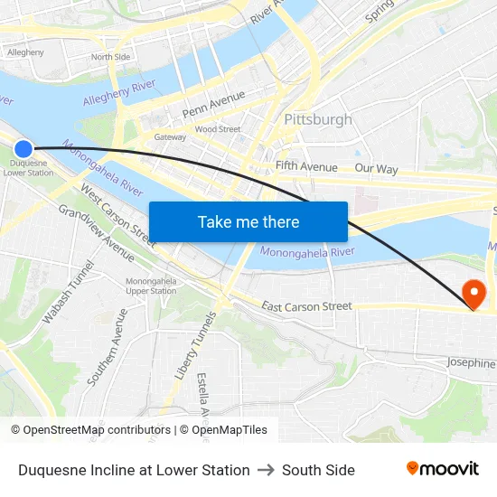Duquesne Incline at Lower Station to South Side map