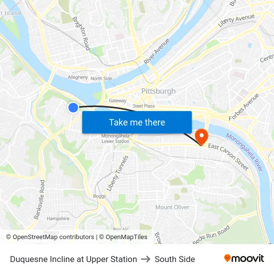 Duquesne Incline at Upper Station to South Side map