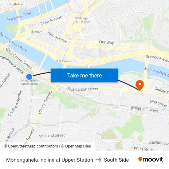 Monongahela Incline at Upper Station to South Side map