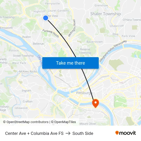 Center Ave + Columbia Ave FS to South Side map