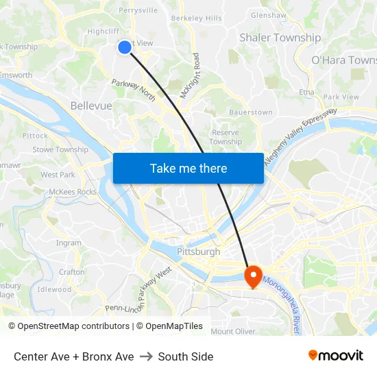Center Ave + Bronx Ave to South Side map