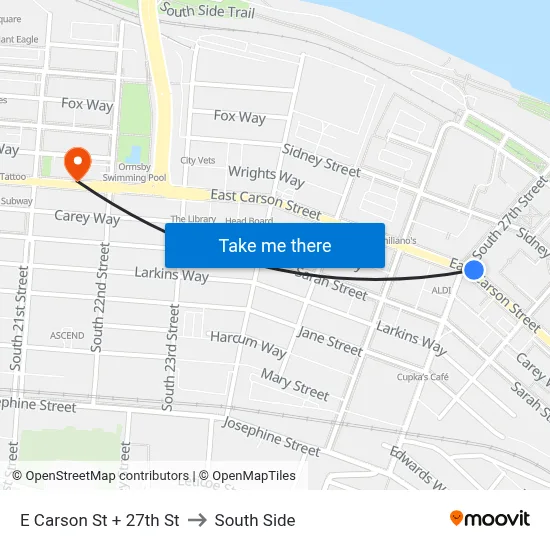 E Carson St + 27th St to South Side map
