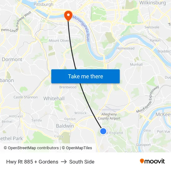 Hwy Rt 885 + Gordens to South Side map