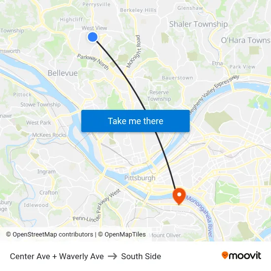 Center Ave + Waverly Ave to South Side map