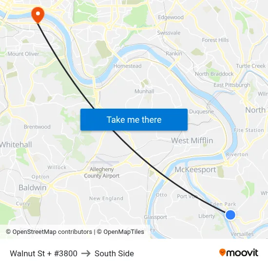 Walnut St + #3800 to South Side map