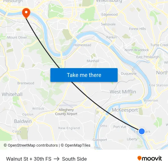 Walnut St + 30th FS to South Side map