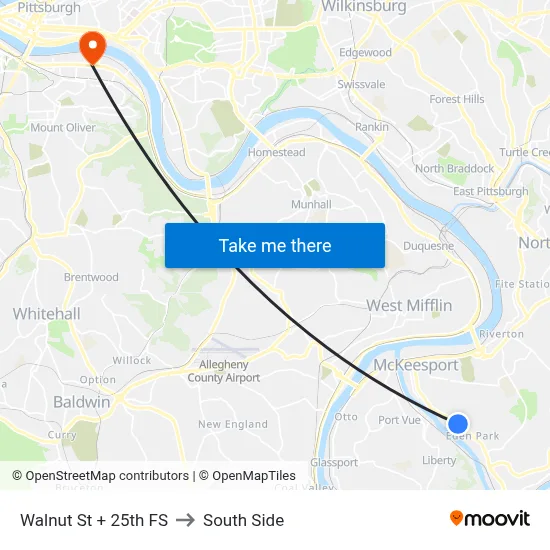 Walnut St + 25th FS to South Side map
