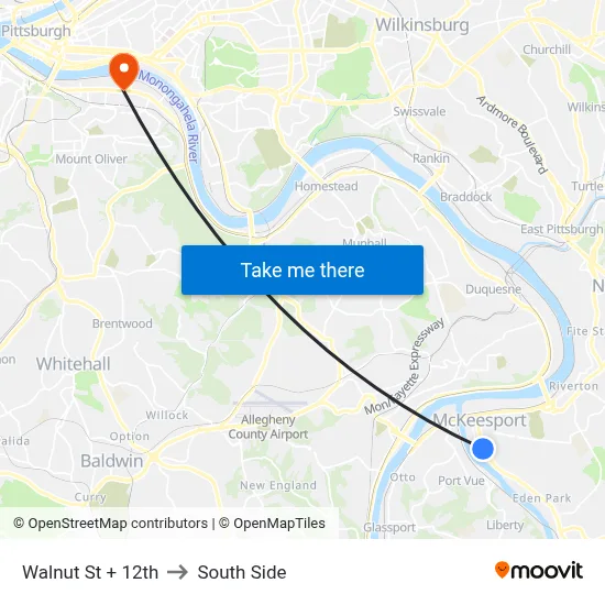 Walnut St + 12th to South Side map