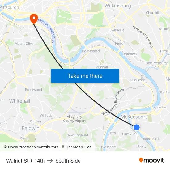 Walnut St + 14th to South Side map