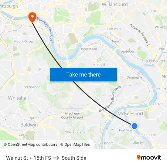 Walnut St + 15th FS to South Side map