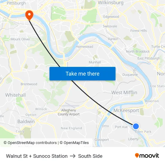 Walnut St + Sunoco Station to South Side map