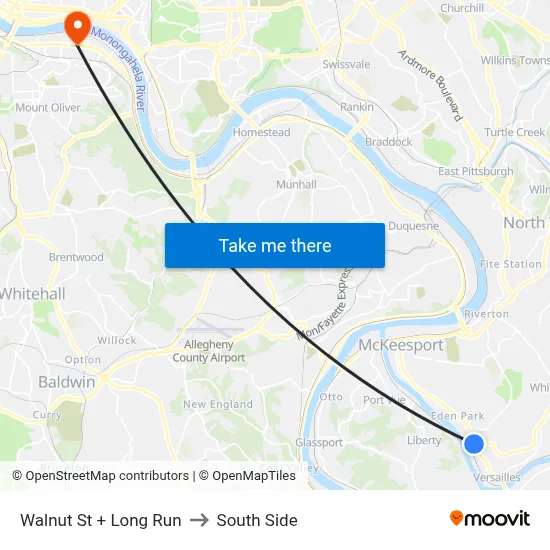 Walnut St + Long Run to South Side map