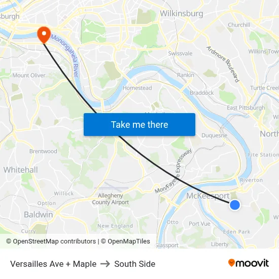 Versailles Ave + Maple to South Side map