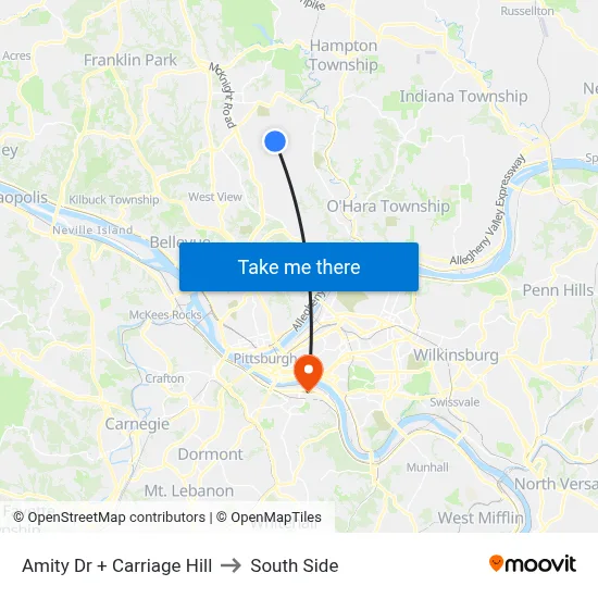Amity Dr + Carriage Hill to South Side map