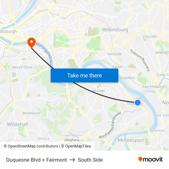 Duquesne Blvd + Fairmont to South Side map