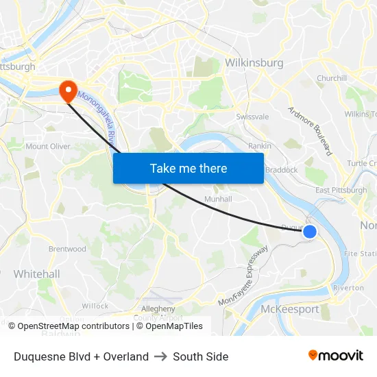 Duquesne Blvd + Overland to South Side map