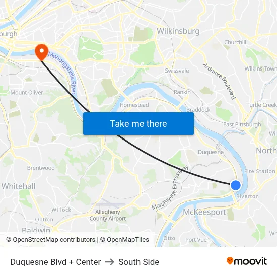 Duquesne Blvd + Center to South Side map