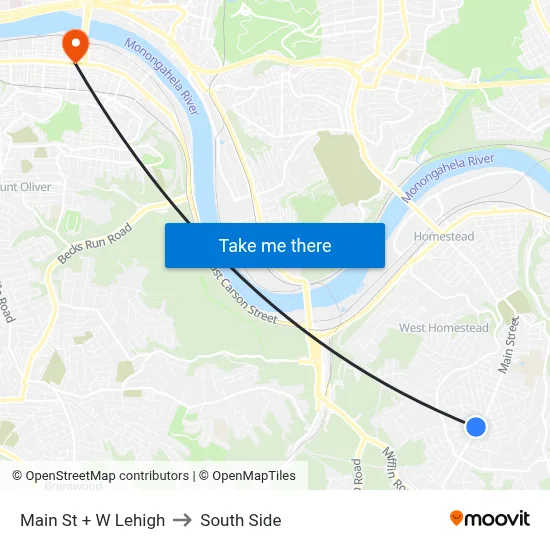 Main St + W Lehigh to South Side map