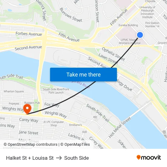 Halket St + Louisa St to South Side map